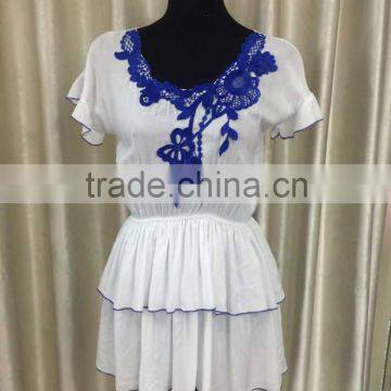 2016 fashion layers lace short sleeve cotton blouse