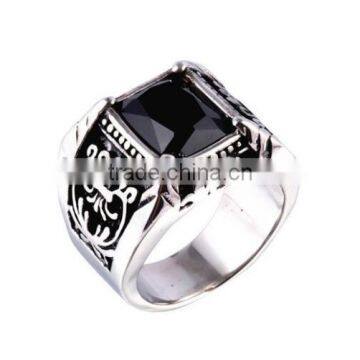 Men's Stainless Steel Vintage Flower Pattern Rings Gemstone Inlay Silver Black