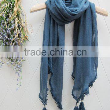 Fashion Latest Large Long Plain Cotton Linen Embroidery Lace Brim Tassel Scarf Shawl photo-2
