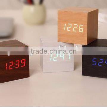 Cube Wooden LED Alarm Clock Despertador Temperature Solids Voice Control LED Display Electronic Desktop Digital Clocks Calendar photo-3