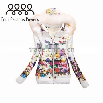 2015 New Arrival winter jacket women fashion down cotton jacket Floral printing long sleeve Slim short fur collar hooded coat