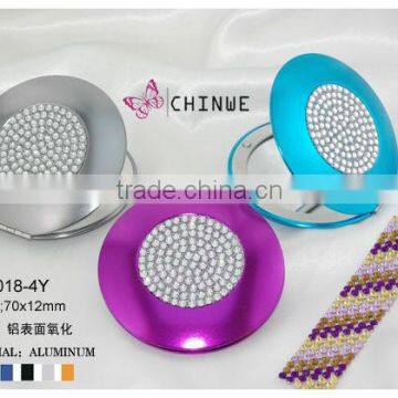 Small round Foldable makeup mirror/ handheld professional staninless rail makeup mirror with rhinestones