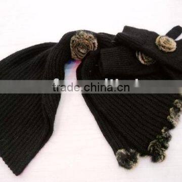 fashion acrylic knitted gloves scarf set with artificial fur