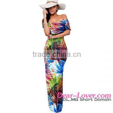 bulk wholesale Tropical Print Off-the-shoulder Maxi Long Dress