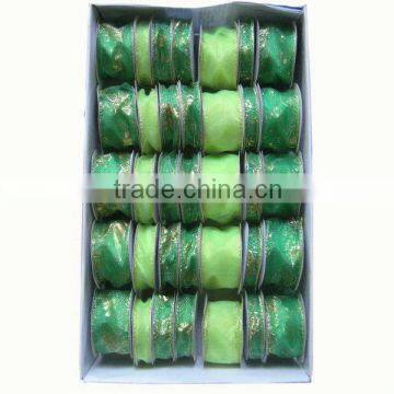 HOT SALE! Green Wired Gold Edge Trim Printing Organza Woven Fabric Ribbon, Hot Stamped Printing Organdie Gift Ribbons