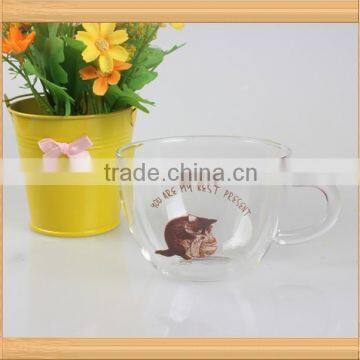 2015 china best selling manufacturer heat resistant cute decal clear glass cup with handle