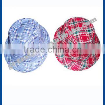 red/blue checked fedora hat