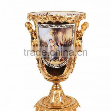European Character Design Decorative Ceramic Fruit Bowl With Bronze Side Handles, Blue&white Porcelain and Brass Compote/Planter photo-3