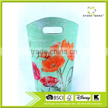 2016 Newest Flower Print Decorative Faux Leather Trash Can With Handle