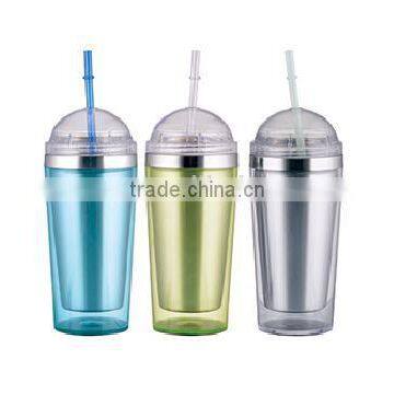 450ml stainless steel Inner steel outer plastic double layer cup with straw