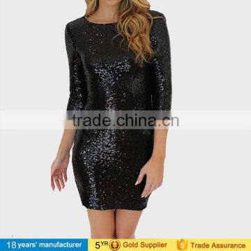 2017 Sexy Round Neck Long Sleeve Slim Bodycon Shinny Bling Winter Party Night Prom Sequin Mini Dresses for Women Lady photo-3