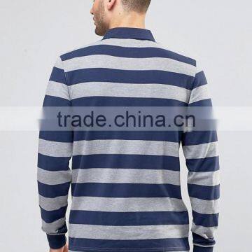 New Design Long Sleeve Button Placket Ribbed Cuffs Blue Stripe Men's 100% Cotton Breathable Pique 200g Blank Casual Polo T-Shirt photo-2