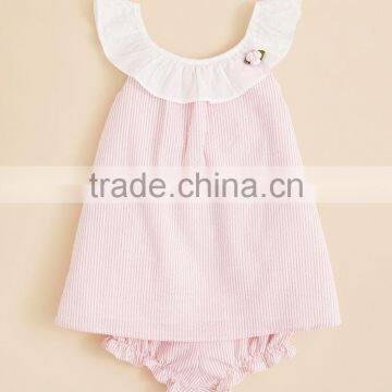 Latest Style Baby Set Clothes Outfit Baby Plain Color Seersucker With White Collar Top Bloomer Children's Boutique Outfits