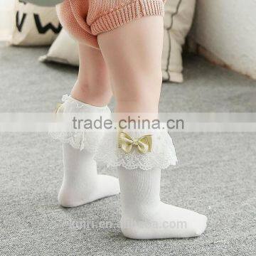 Girls Kids Lace Socks Long For Children Cute Cotton Knee High School Sock With Bow Girl Spring Autumn Solid Princess White Black photo-3