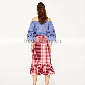 2017 OEM Spring Cute Pleated Vertical Stripes Off Shoulder Blouse photo-3