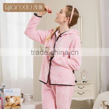 Perfect Qianxiu Cheap Hooded Design Pink Sexy Flannel Ladies Winter Nighty