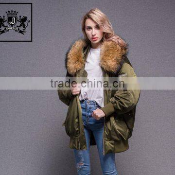 Italian Design Coat Fur Collar Army Green Embroidered Sample Winter Oversized Bomber Jacket