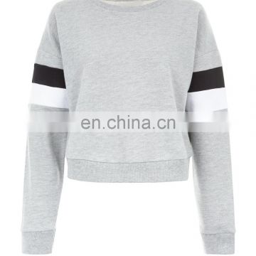 Grey Colour Block Stripe Sleeve Sweatshirt Sexy women cotton long sleeves sweatshirt