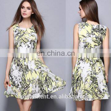 Fashion lady brand floral printed dress wholesale OEM summer dress flared for women