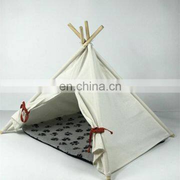 Pet Teepee Tent for Dogs Cats Portable Foldable Cotton Canvas Pets House Bed for Rabbit Puppy 4 Poles Pine Wooden With Floor Whi photo-4