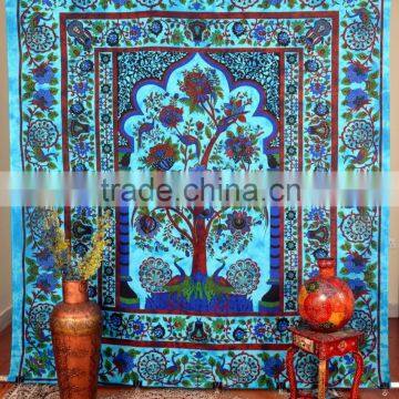 Indian Tapestry Cotton Tample Tree Print Sky Blue Vintage Wall Hanging Tapestries Throw Bedsheet