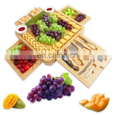 Bamboo Wood Charcuterie Magnetic 4 Slide-Out Drawers Cheese Board Set With Ceramic Bowls And Cutlery Knife