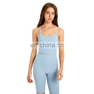 New Hot Sale Top Quality Breathable Back Cross Sports In Built Bra Top Workout Fitness Gym Wear Ladies Sexy Straps Yoga Crop Top
