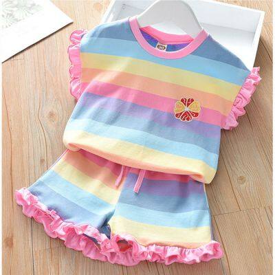 Summer Girl Cool Rainbow Embroidered Butterfly Edge Short Sleeved Shorts Set photo-5