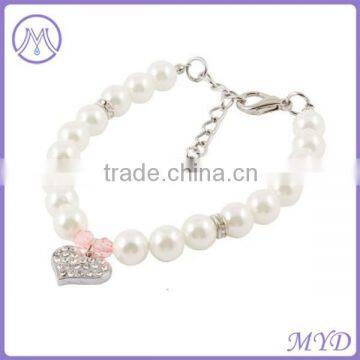 Pet Jewelry white pearl beads with crystal love heart charm puppy dog necklace