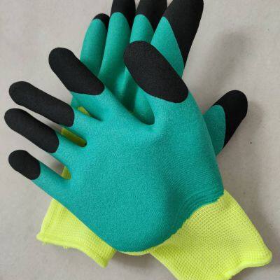 yellow polyester 13 gauge knitted foamed latex palm and fingers double coated breathable work gloves