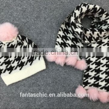 Children fashional houndstooth kintted jacquard winter hat scarf set