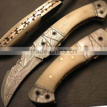 udk f10" custom handmade Damascus folding knife / pocket knife with Camel bone and Damascus booster