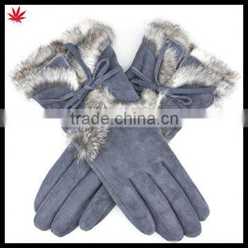 Women pigsplit warm winter leather gloves with rabbit fur