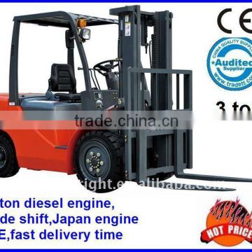 3ton diesel forklift truck,Japan ISUZE engine,double side shifter,pneumatic tire,CE prove.