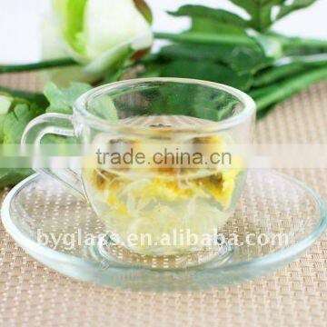 clear borosilicate glass tea cup with saucer