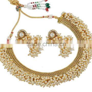 Indian Fabulous Gold Tone Pearl Stone Polki Necklace Set Jewelry for Women Wedding photo-3