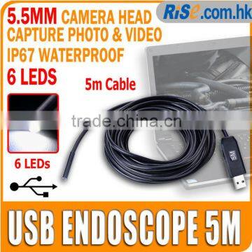 Mini USB Waterproof 5.5mm Inspection Camera with 5m Cable 6 LEDs Lights Endoscope