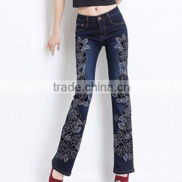 Spring luxury thin large size women embroidery Beaded flared jeans