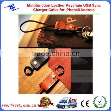 2 in 1 Function Leather Keyring Hanging Decoration USB Sync Charger Data Cable for iPhone&Android