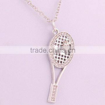 Zinc Alloy Lovely Shiny Crystal Tennis Racket Necklace Sports Jewelry Pendant Necklace