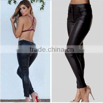 2016 Autumn Fashion Women Metal Button Belt Loop Black Sexy Tight Trousers Ladies High Waist PU Leather Skinny Slimming Pants