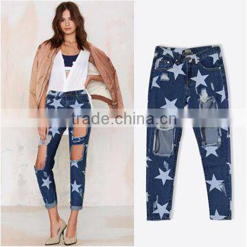 2016 Autumn Fashion Women Broken Holes Denim Jean Ladies Ankle Length Stars Printed Baggy Latest Design Jeans Pants For Girl