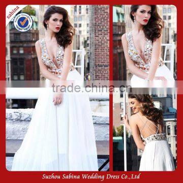 Se62 Sexty White Chiffon v Neck Low Cut A-Line Sequins Pleats Open Back Long Evening Dress