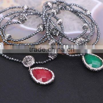 Pave Crystal Beads Hematite Beaded Necklace, Waterdrop Gem Stone Pendant Necklace photo-5