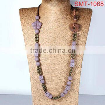 Unisex style round natural lava rock wooden beads necklace