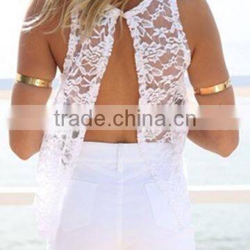 2015 Wholesale Low Price Sleeveless Sheer Lace Cutout Open Split Back See Through Top Vest Blouse photo-2