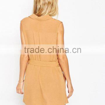 2015 new fashionable factory Belted Sleeveless Utility Tunic Top with V-neckline