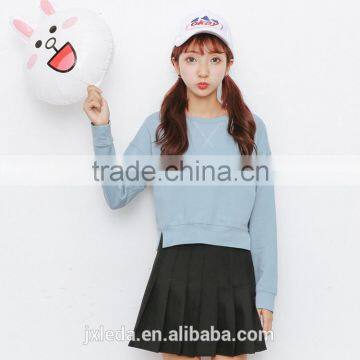 Korea style fall winter leisure pure cotton fleece sweater long sleeve short style and simple pure color sweatershirt