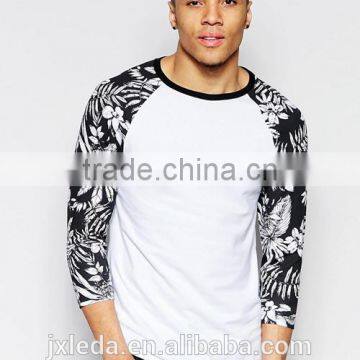 Men muscle fit floral pattern print contrast long raglan sleeve white t-shirt OEM custom