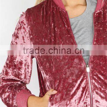 MGOO Custom Label Tag Women Outwear Zip Up Ribbed Trim Velvet Bomber Jacket Coat Pink photo-5